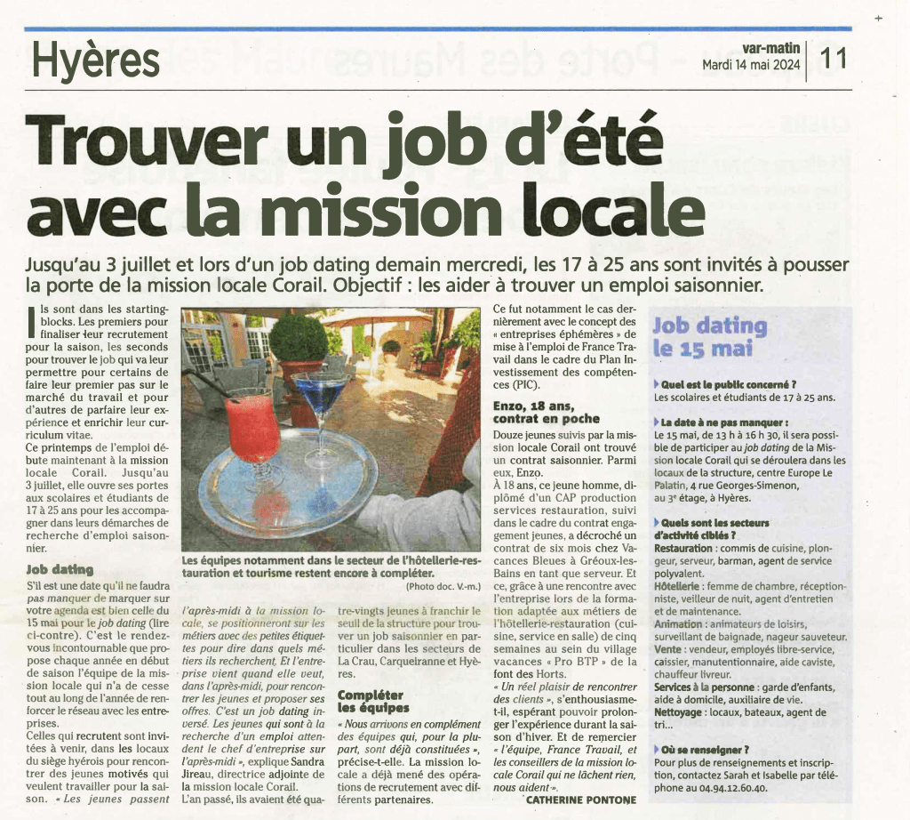 Article Var Matin 14 mai 2024 Job Saisonnier