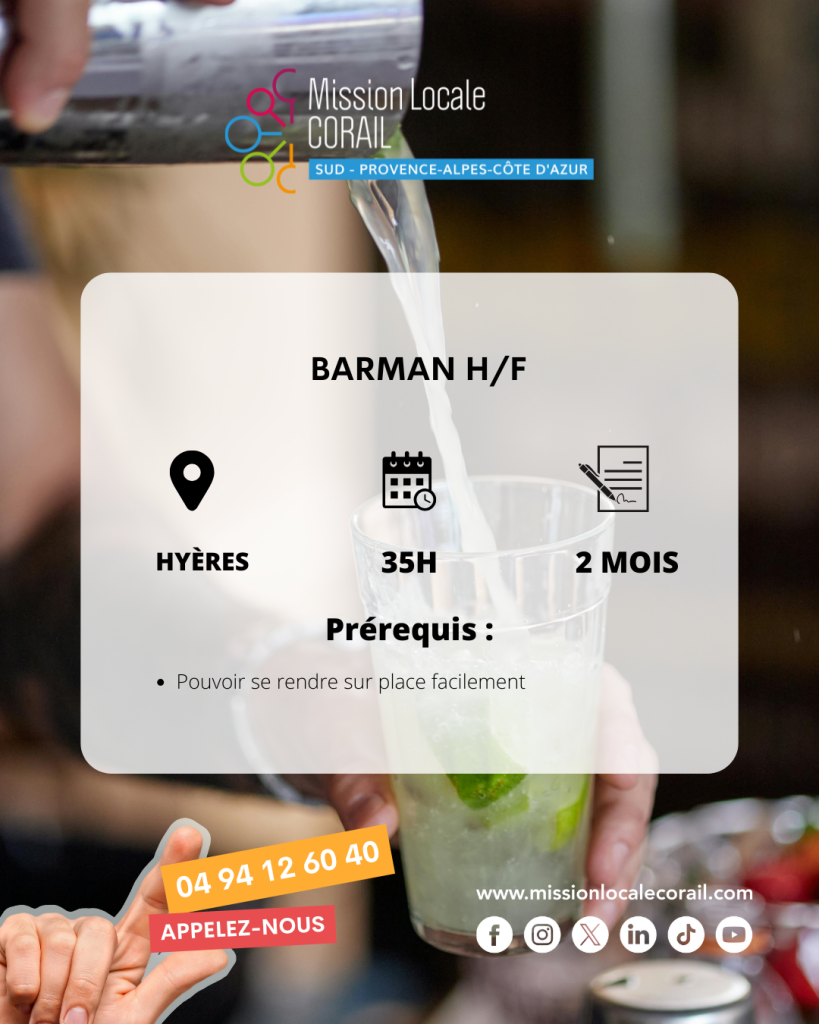 Offre d'emploi pour le poste de barman